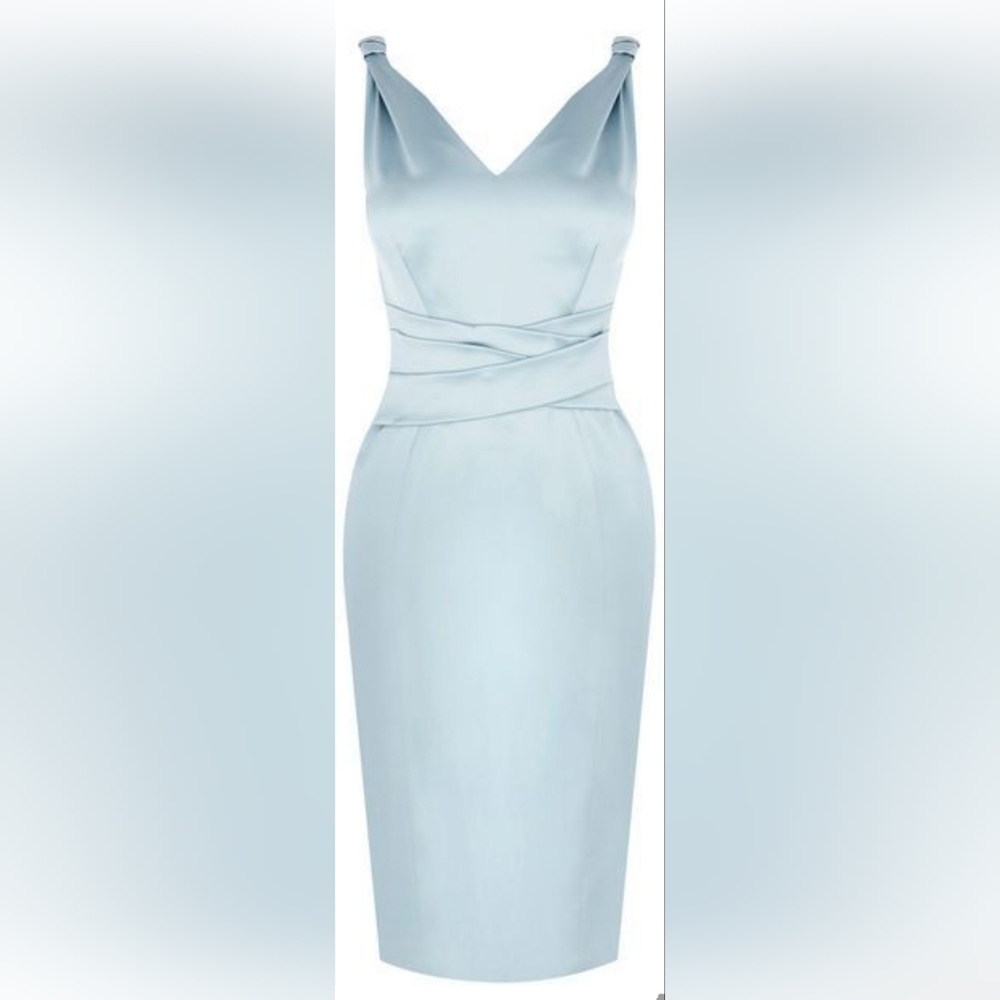 Karen Millen "Bow Back Mama Mia" light blue satin V-neck dress sz 0